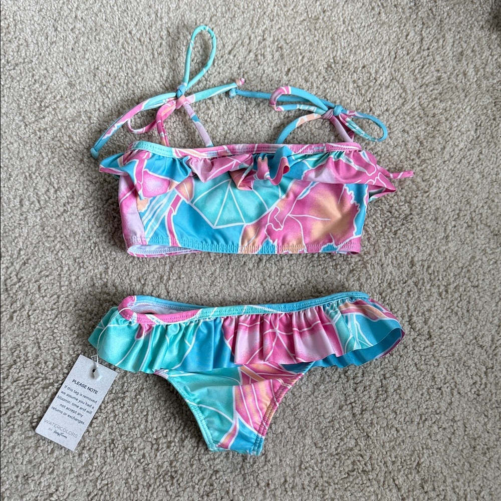 Kenny Flowers Girls Aqua Pink Floral Ruffle Bikini